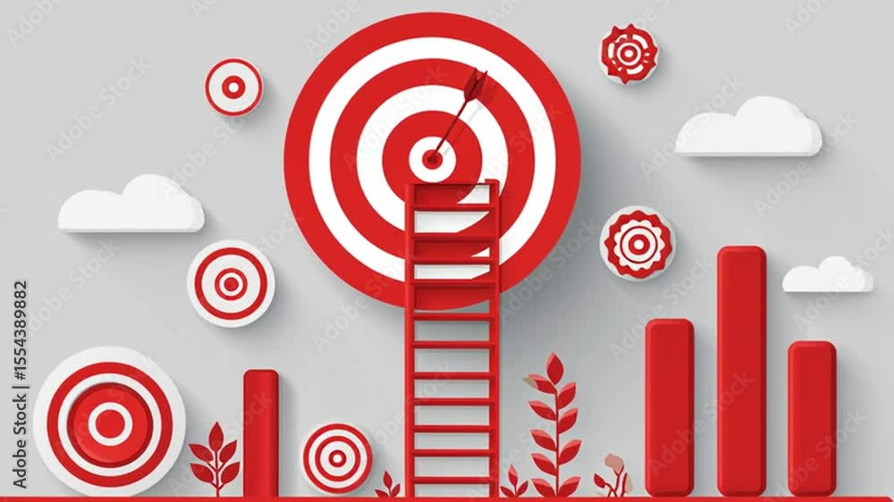 Poster red and white target with arrow on ladder and bar graph symbolizing goals and achievement in busines
