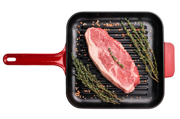 Fresh strip loin beef steak, striploin steak on a grill pan isolated on white background