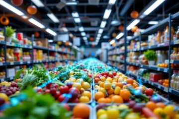 Brightly Lit Supermarket Aisle with Fresh Produce and Digital Data Overlay