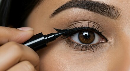 Naklejka premium Close-Up of Young Woman Applying Eyeliner with Precision in a Beauty Routine