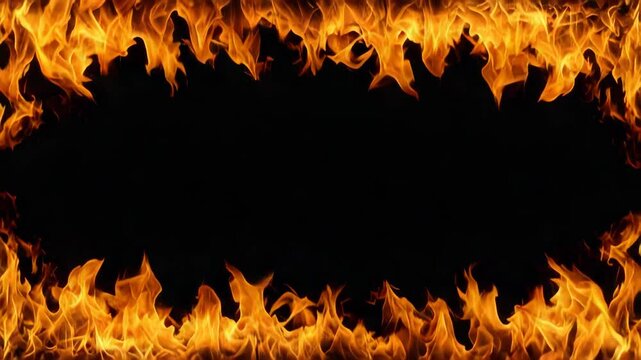 A fiery frame burns, creating a dramatic border against the blackness. The vibrant flames dance, consuming the space. evoking a sense of danger, passion, and energy.