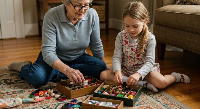 Creative Crafting Activities: Grandmother and Young Girl Engaging in Arts and Crafts Together - Powered by Adobe