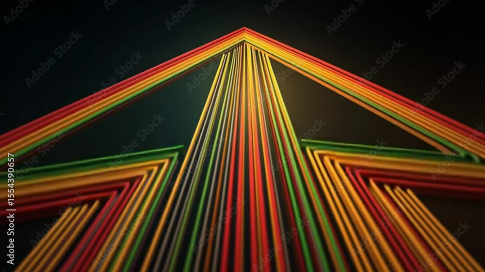 Poster colorful dynamic arrow design with radiant lines projecting upward in a dark background