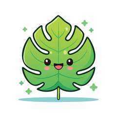 Minimal Flat Vector of a Cute Monstera Leaf with Bold Black Outline and Happy Expression &ndash; No Gradients, Clean Kawaii Style