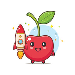 Minimal Flat Vector of a Cute Cherry Holding a Missile with Bold Black Outline and Happy Expression