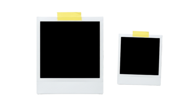 Two instant photo frames with yellow tape isolated PNG with Transparent Background - Powered by Adobe