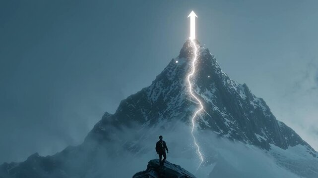Person Standing on Mountain Peak with Lightning Bolt and Stormy Sky in Dramatic Landscape