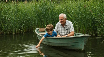 Grandfather and Grandson Fishing Together in a Small Boat on a Serene Lake Surrounded by Lush Greenery