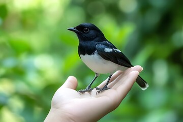 Oriental Magpie Robin Perched Peacefully on Hand with Blurred Green Foliage Background