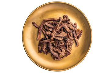 Beef fritter, Deep fried beef tender strips, sliced meat in a plate isolated on white background