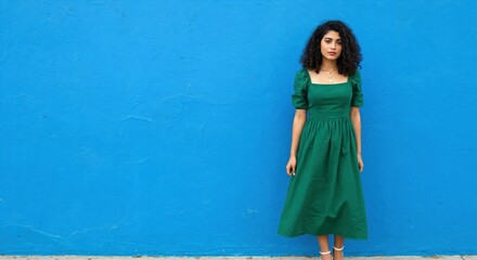 Elegant Young Woman in Green Dress Posing Against Vibrant Blue Background