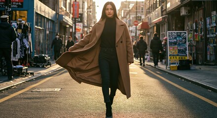 Stylish Young Woman Walking in Urban Street Fashion at Sunset in a Trendy City
