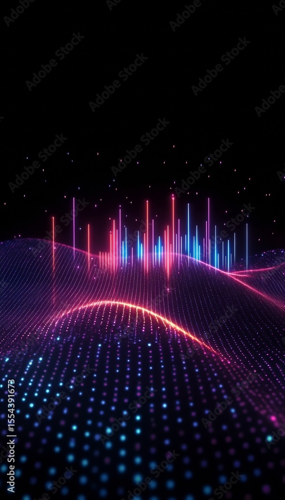 Poster neon sound waveforms on dark background with illuminated grid and audio visualization effects