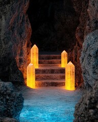 Illuminated Crystal Steps in a Dimly Lit Cave Setting