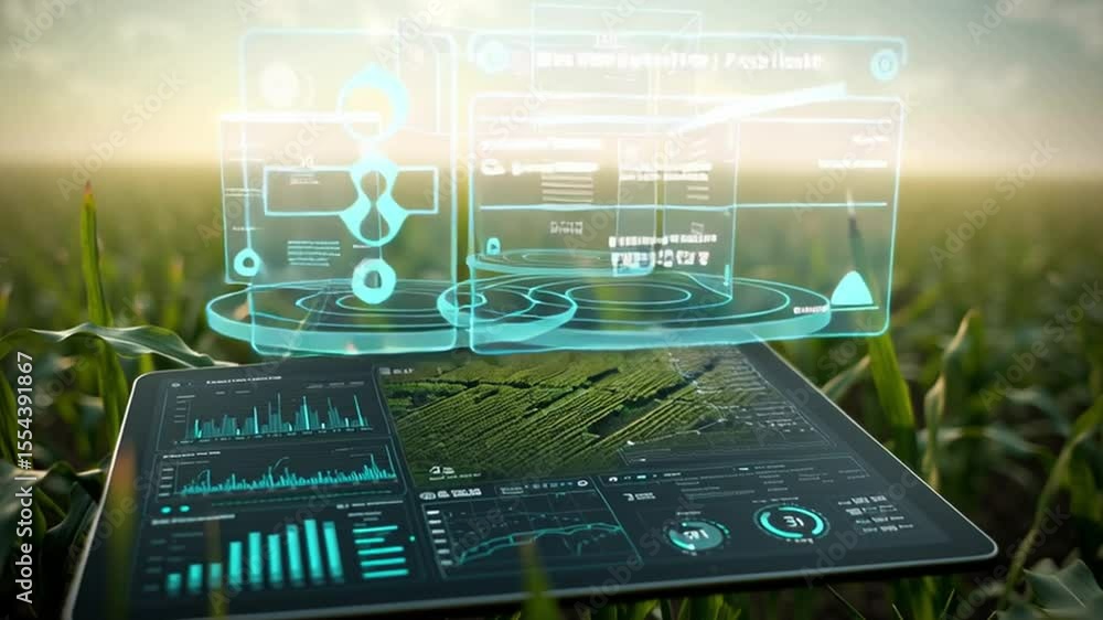 Poster agricultural technology dashboard displayed on tablet in a green field with growing crops and data v