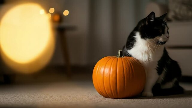Black and white cat sitting next to a pumpkin in cozy indoor setting  