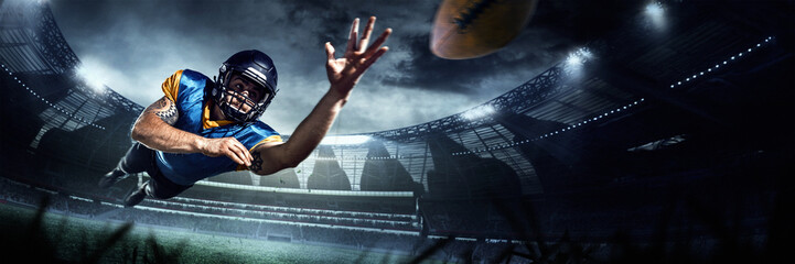 American football player reaches for the ball mid-air in dramatic 3D stadium scene. Sports marketing