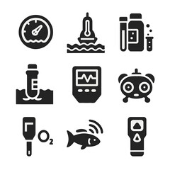Environmental Monitoring Icons. Solid, filled icons set of environmental monitoring: salinity gauge,
