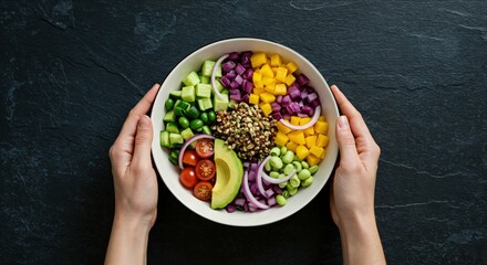 Colorful Vegan Salad Mixed with Fresh Vegetables, Fruits, and Lentils for Healthy Eating and Meal Prep