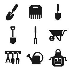 Fototapeta premium Fall Gardening Icons. Solid, filled icons set of fall gardening tools: hand trowel, leaf scooper, kneeling pad