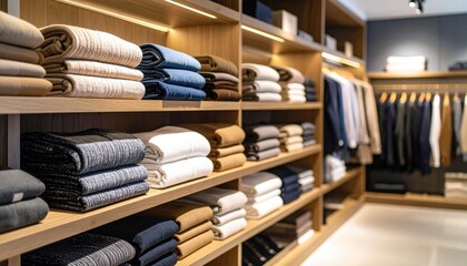 A well-organized clothing store displaying neatly folded garments and stylish outfits on hangers, showcasing modern fashion trends.