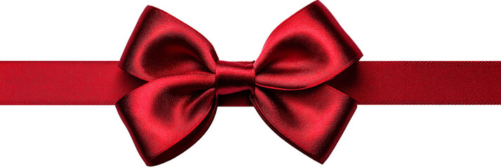 Red satin bow on a horizontal ribbon, isolated with transparency. Ideal for gift wrapping, holiday designs, festive branding, or decorative packaging mockups.