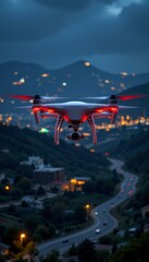White Drone Flying Over Night Cityscape and Mountains