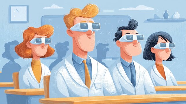 A group of four scientists wearing 3D glasses attentively watching a presentation. They are dressed in lab coats, engaged in learning with a modern laboratory background.