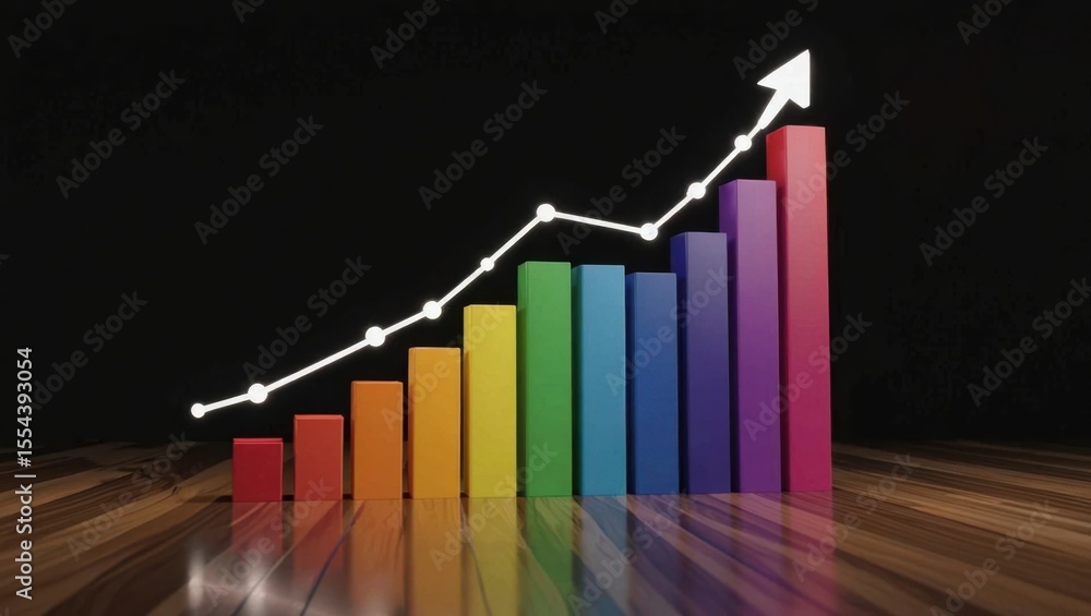 Poster colorful bar graph showing upward trend with white line chart and arrow against dark background