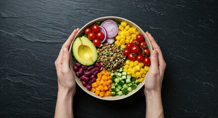 Colorful Healthy Vegan Salad Bowl with Fresh Vegetables and Fruits for Nutritious Eating