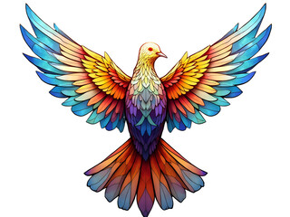 Obraz premium A photorealistic digital artwork of a multicolored dove with wings outstretched against isolated on a transparent background