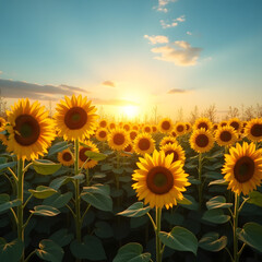 Fototapeta premium sunflower field at sunset-Yellow Sunflowers in Field During Golden Light - Summer Landscape.png