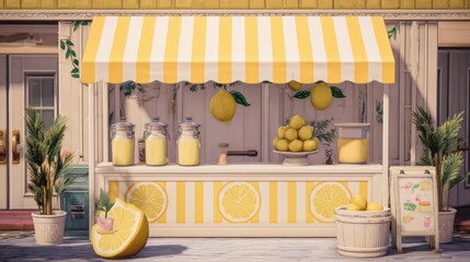A cheerful lemonade stand with yellow and white stripes, displaying fresh lemons and glass bottles of lemonade.  It's set against a building facade and features potted plants