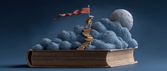 A surreal image depicting a figure ascending a staircase made of wood, leading towards clouds and a large moon, symbolizing the journey of knowledge and imagination through literat