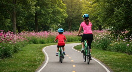 Mother and Son Cycling Together on a Scenic Pathway Surrounded by Nature in Summer