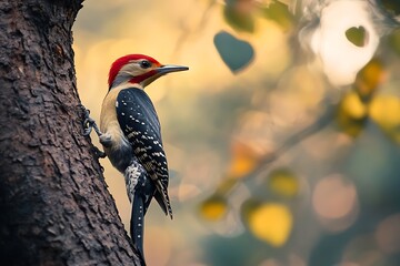 Obraz premium Redheaded Woodpecker Perched on Tree Trunk Against Bokeh Background in Natural Setting