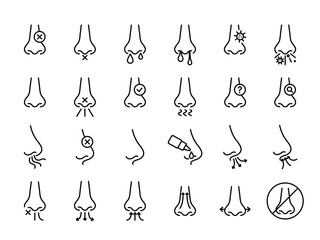 Nose icons set. Congestion, runny nose, infection, allergies, smell, breath signs, linear style, editable stroke