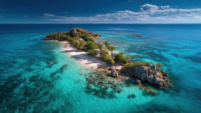 Aerial drone view of tropical island and clear blue sea, travel paradise, space for headline