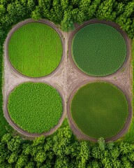 Aerial View of Circular Agricultural Fields Surrounded by Trees