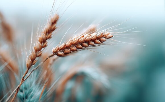 The warm tones of a golden wheat field under natural light create a serene atmosphere in the countryside, where ripe grain is ready for harvest in a close-up view