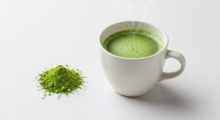 Green matcha powder next to brewed matcha tea in same frame, symbolizing transition from raw to drink, vibrant texture, white backdrop, clean modern look for organic.