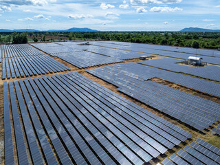 Aerial view of solar panel and power station with energy storage.