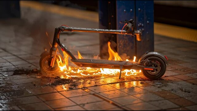 A smoldering electric scooter battery lies on the subway floor, releasing faint smoke and warning of the serious fire risks and damage caused by overheating devices.
