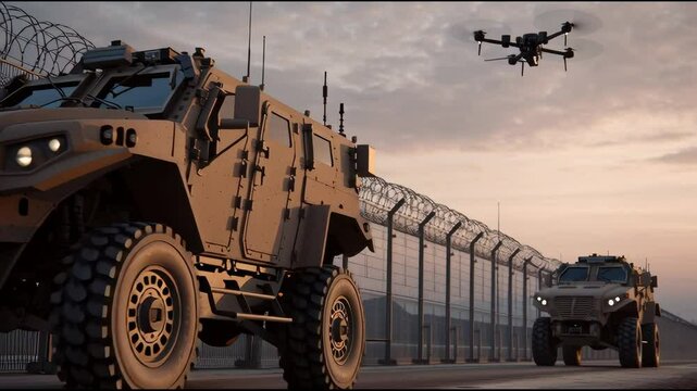 Armored vehicles patrol a secured border at twilight, accompanied by drone surveillance overhead, symbolizing modern defense strategies and the complexities of international security.
