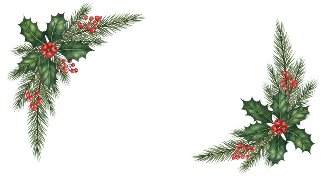 Festive Christmas corner decoration with holly and spruce isolated PNG with Transparent Background