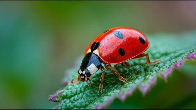 A bright ladybug perched on a leaf shines in bold red and black, with the macro perspective highlighting its intricate patterns and the rich texture of the leaf&rsquo;s surface.
