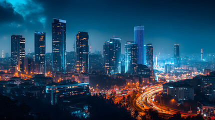 Fototapeta premium Istanbul skyline at night with skyscrapers and modern buildings. Illustration of popular places in the world.