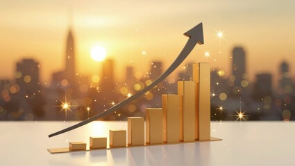 Golden bar chart and arrow illustrating upward trend against a blurry cityscape at sunset