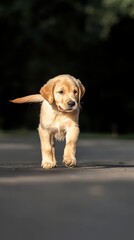 Playful Golden Retriever Puppy Running on a Sunlit Pathway