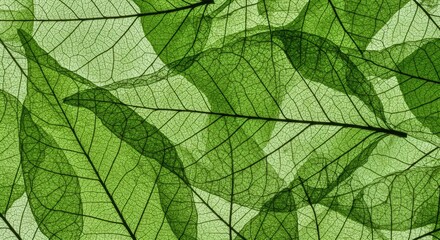 Overlapping green leaves with visible vein texture and glowing light from behind, giving a botanical x-ray effect, organic pattern for wallpaper, natural science.